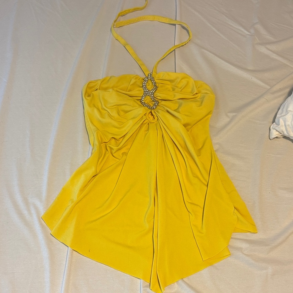 Y2K Yellow Halter Top with Beaded Detail